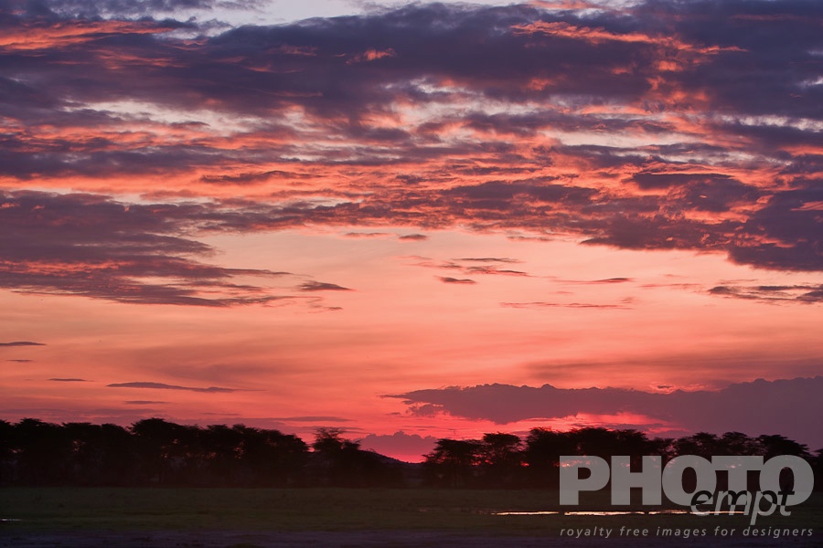 African Safari - Kenya. . . . . Beautiful African sunset, savannah with marshland, water reflecting colours of sky, trees silhouetted, and mountains beyond, Kenya, Africa