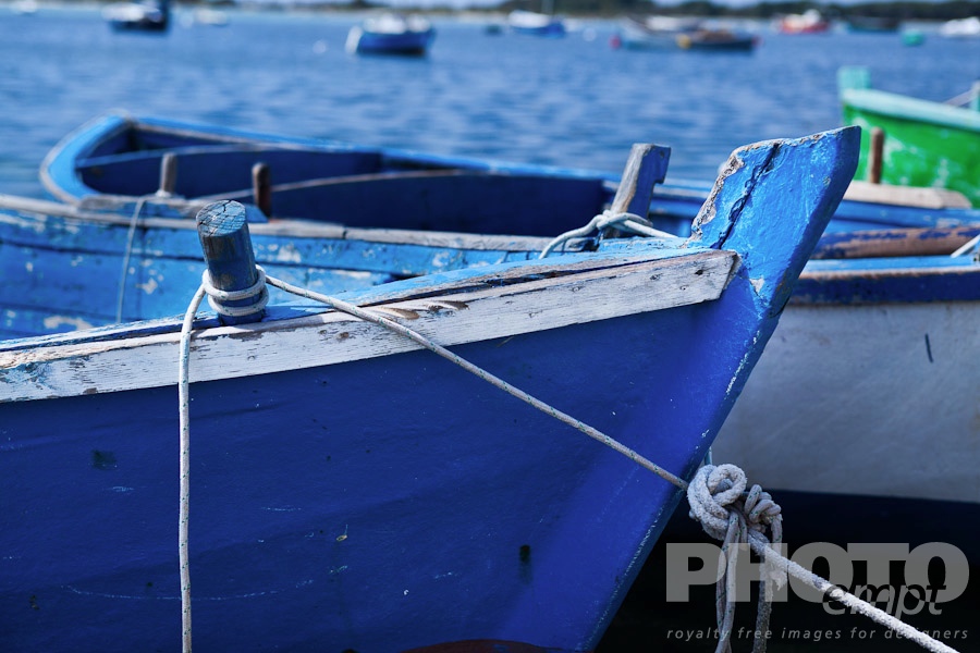 Italy South - Puglia. . . . . Close up view: prows of wooden painted blue and green fishing boats moored in Porto Cesareo harbour, sunny spring morning, Salento, Puglia, Southern Italy
