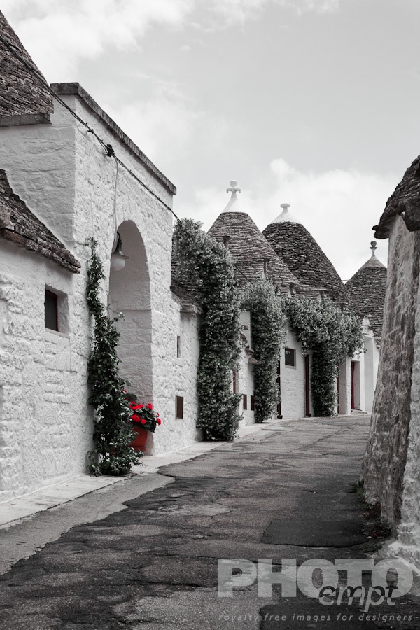 Italy South - Puglia. . . . . Street view: town of Alberobello, World Heritage site, with trullo houses, white painted stone with piled stone conical roofs, paved street and red flowers set against monochrome view,  Puglia, Southern Italy