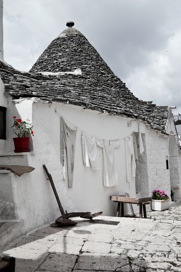 Italy South - Puglia. . . . . Street view: town of Alberobello, World Heritage site, with trullo houses, white painted stone with piled stone conical roofs, paved street , laundry hanging and farm utensils against wall, red flowers set against monochrome view,  Puglia, Southern Italy